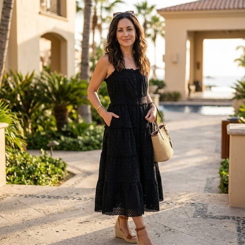 Gap x Doen Black Eyelet Cotton Tiered Midi Dress Square Neck Large
